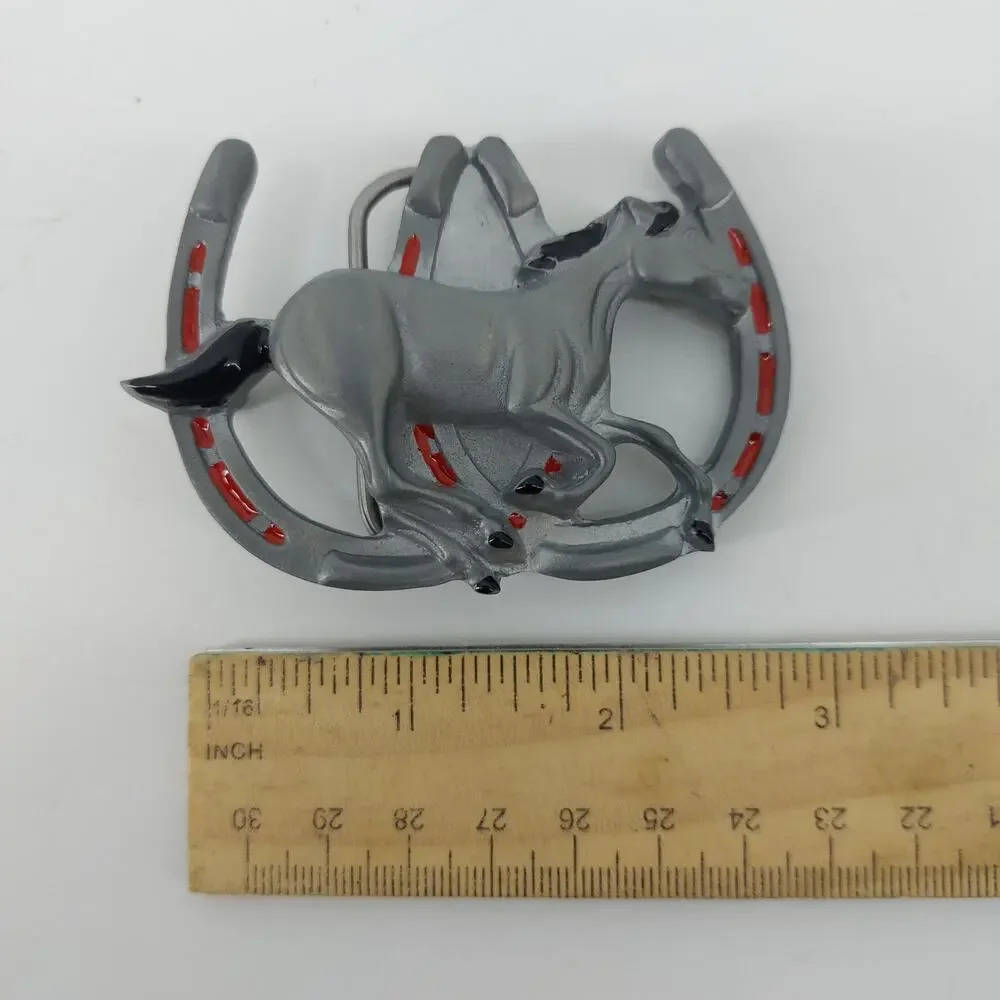 Horse Shoe Good Lucky Belt Buckle Red Enamel 1992 Red Enamel